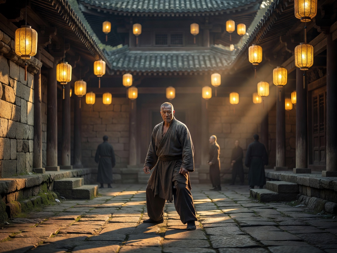 Cinematic ancient martial arts temple courtyard illuminated by soft golden lantern light